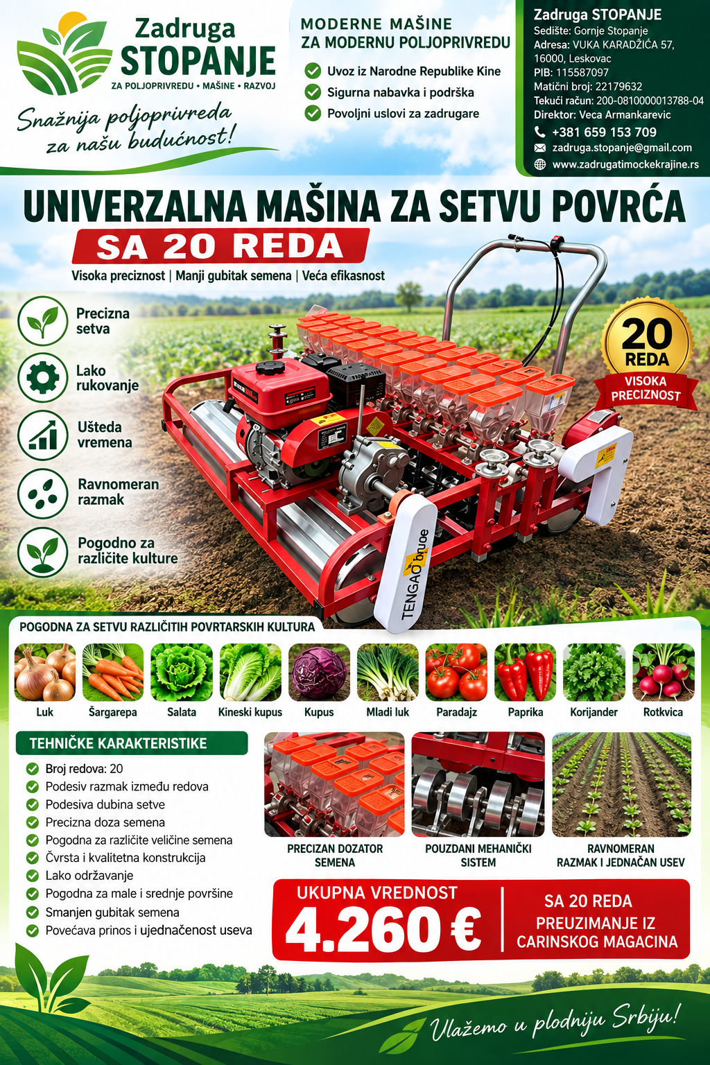 Univerzalna mašina za setvu povrća sa 20 reda